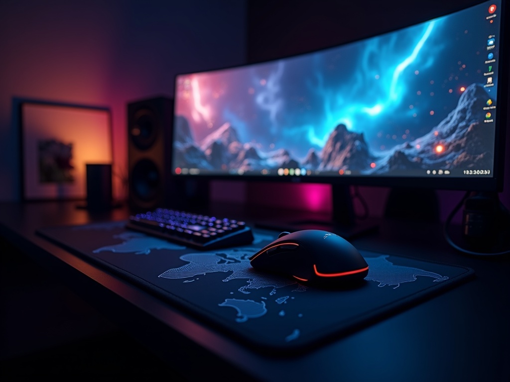 Setup gaming completo con la alfombrilla Titanwolf XXL con diseño de mapamundi