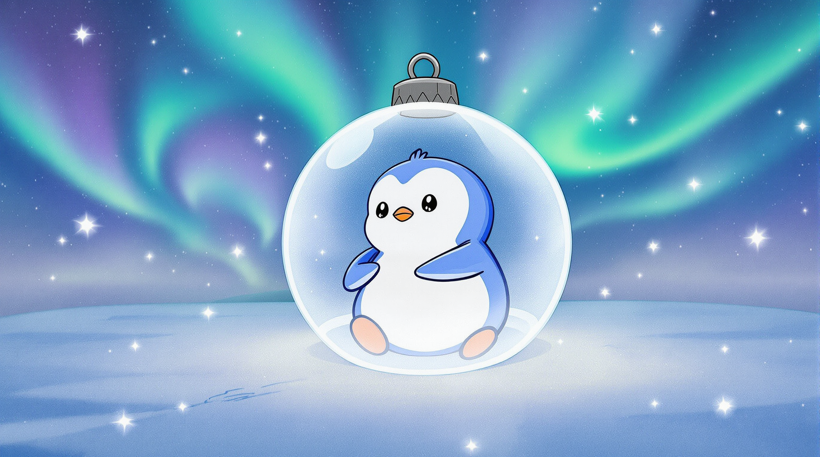 made a beautiful christmas ball with a peng inside, for the background put some snow and ❄️ and light and boreal