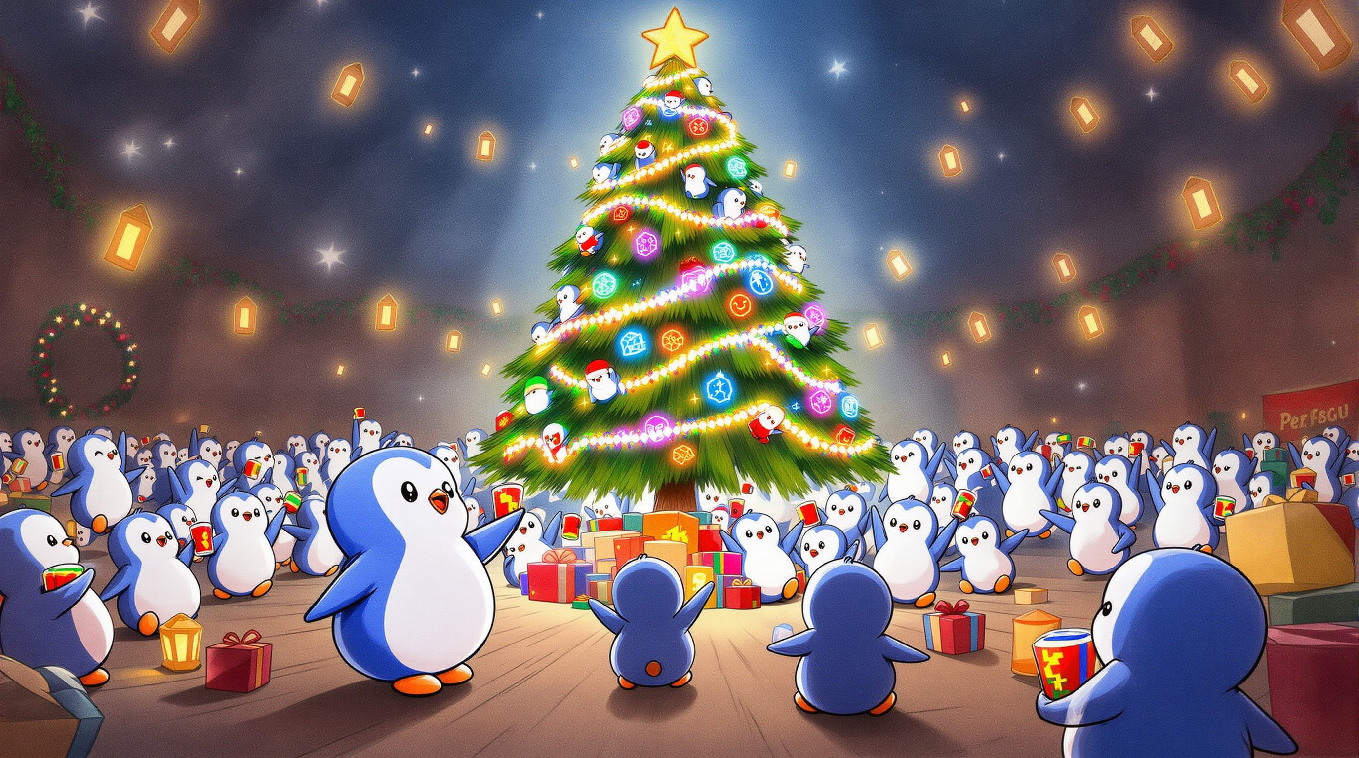 made a christmas event with a lot of penguins drinking and dancing around a big Christmas tree with a lot of lights and nice Christmas colors, make it warm