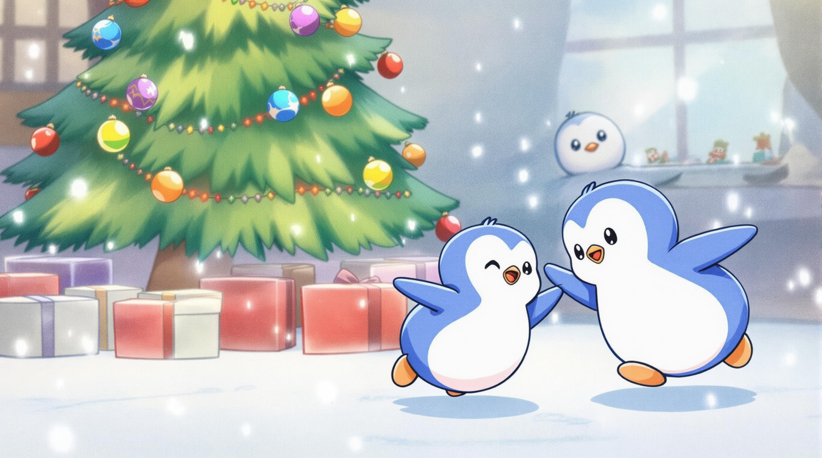 make 2 penguins playing on the snow, with a snowman in the background, some decorated Christmas three, it’s snowing during the day