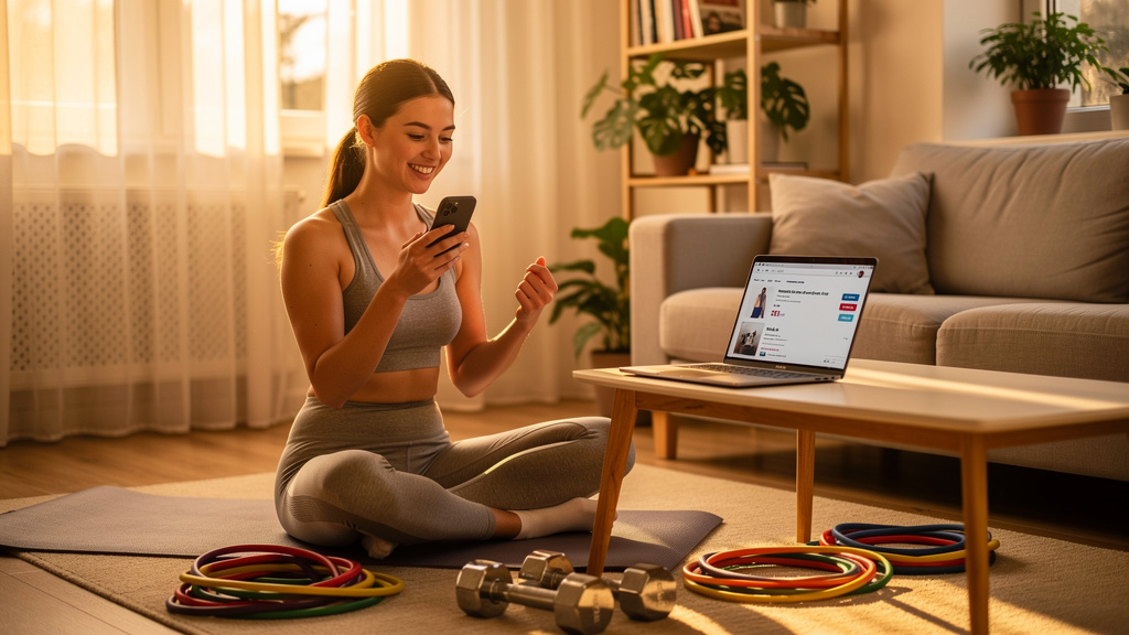 Woman managing online activewear purchase from home