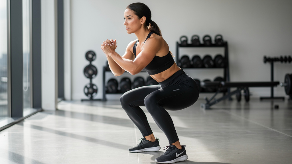 Woman performing squat in high-waisted athletic leggings