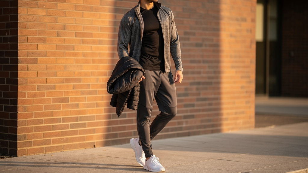 Layered athleisure outfit with quarter-zip and jacket