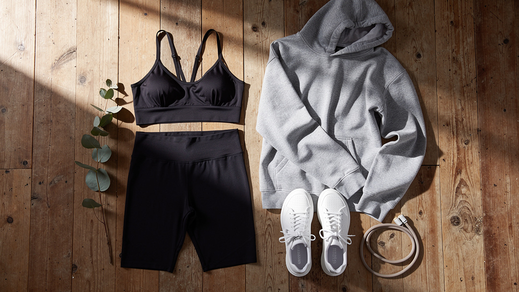 Complete coordinated women's activewear outfit flat lay