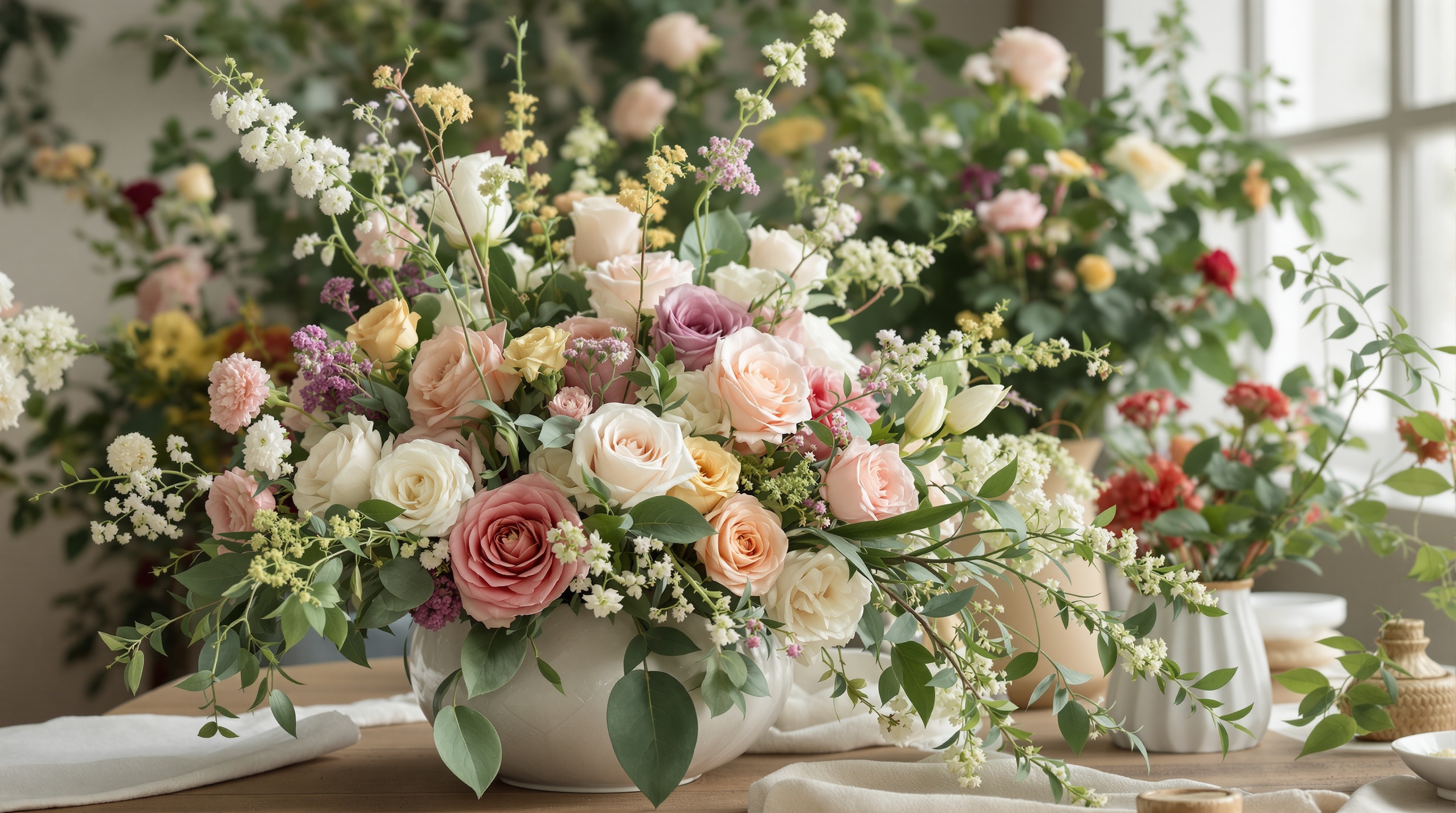 A beautiful, soft-focus background of flowers being prepared.