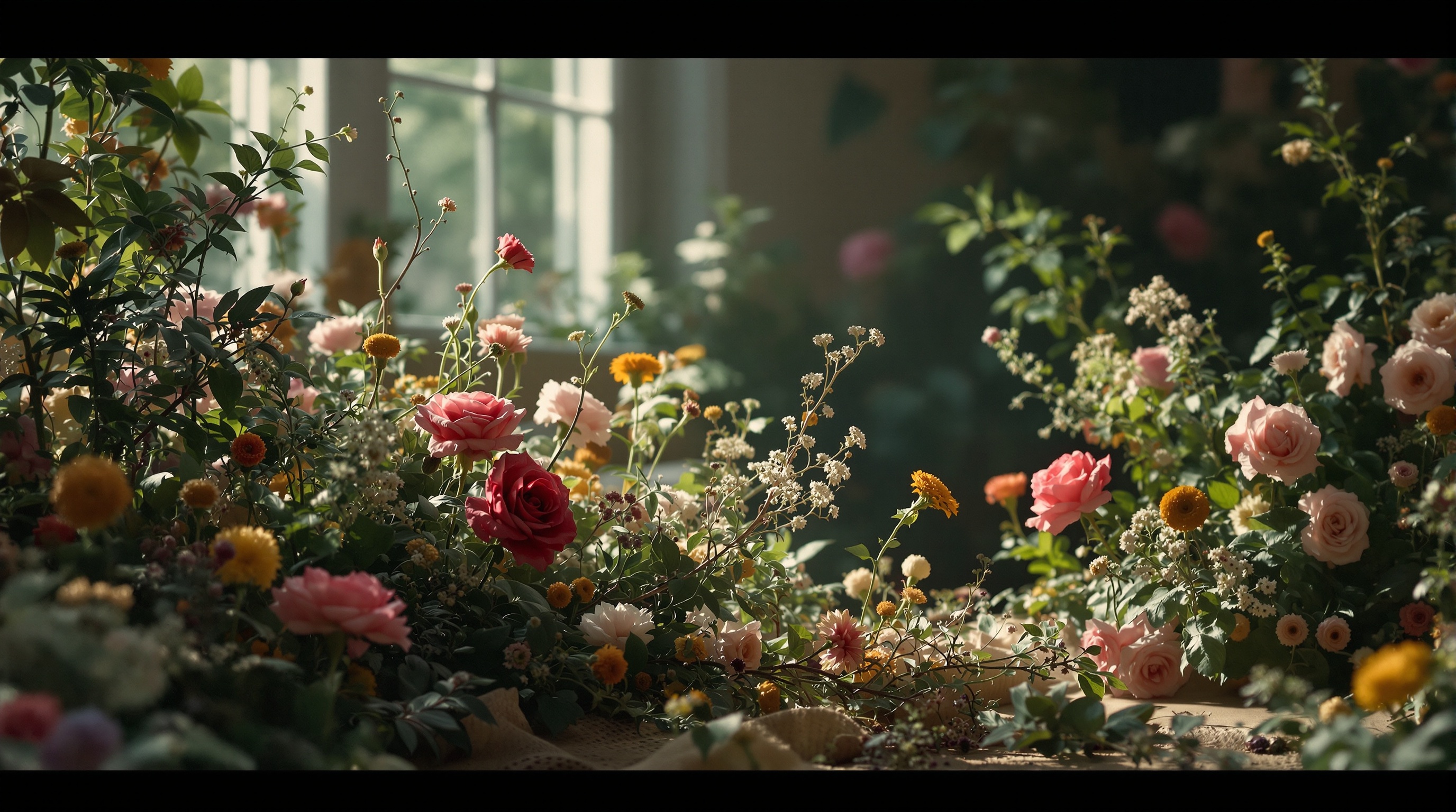 A stunning, sun-drenched English forest with tall trees and a carpet of bluebells.