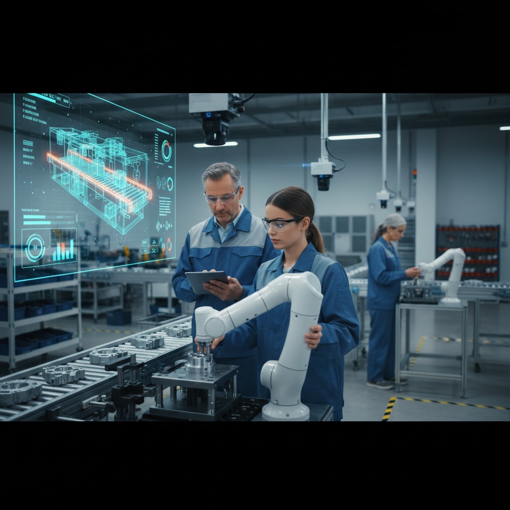 Photorealistic scene inside a modern manufacturing plant: a diverse team of three workers (one younger, one middle-aged, one older) collaborating with two compact collaborative robots (cobots) at an assembly station. Foreground: a female technician guiding a cobot arm as it precisely places a metal part; the cobot has a white matte shell and visible joint actuators. Midground: another worker inspects parts using a handheld tablet showing live AI-driven analytics. Overhead and to the right, compact machine-vision cameras with subtle blue laser light scanning moving parts. Background: a large wall-mounted screen displaying a glowing 3D digital twin hologram of the production line (semi-transparent, cyan/orange wireframe) with overlayed KPIs and diagnostic graphs. Environment details: safety markings on the floor, tool racks, conveyor belts, ambient industrial lighting with cool tones, slight depth-of-field. Mood: efficient, collaborative, high-tech but realistic. Ultra-detailed, high resolution, natural skin tones, balanced composition, 16:9 horizontal.