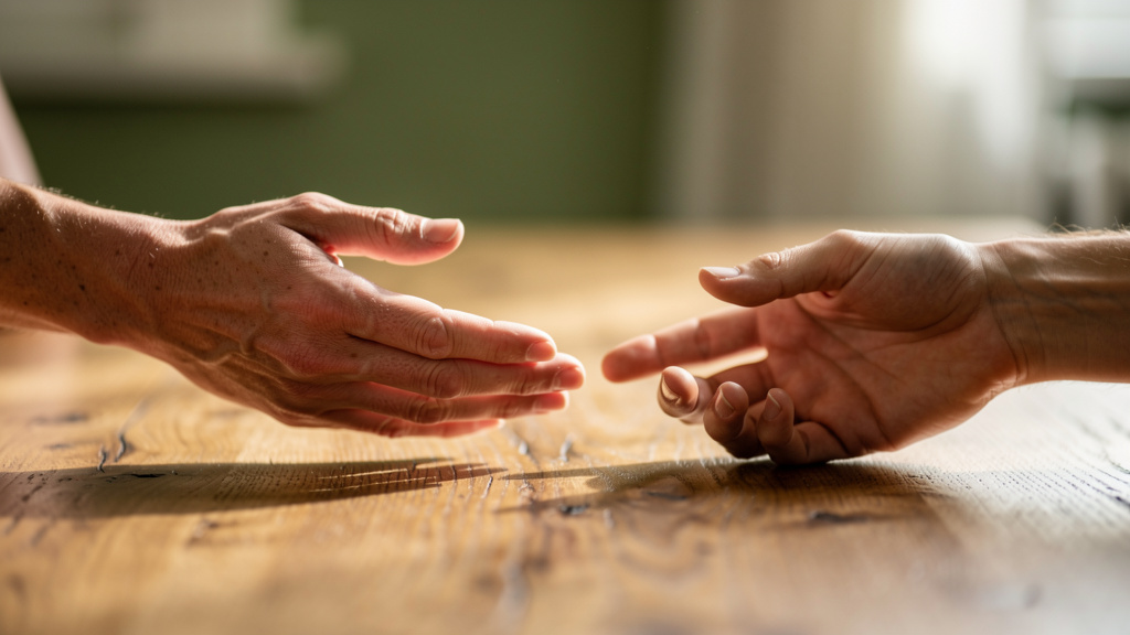 Hands reaching toward each other in supportive gesture