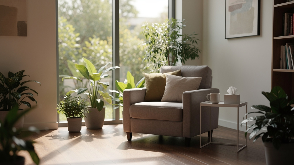 Comfortable therapy room with natural light and calming atmosphere