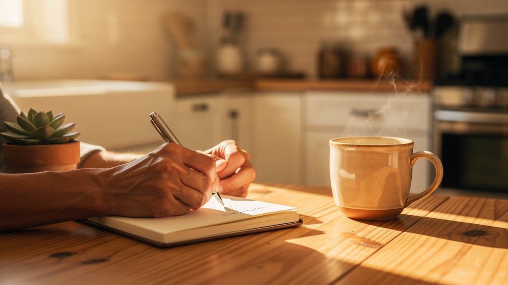 Person practicing self-reflection through mindful journaling exercise