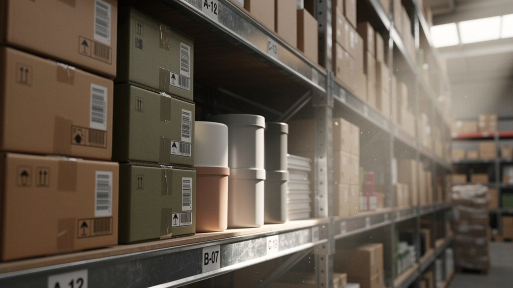 Diverse product inventory stacked on warehouse shelves optimized with AI for Inventory Management.