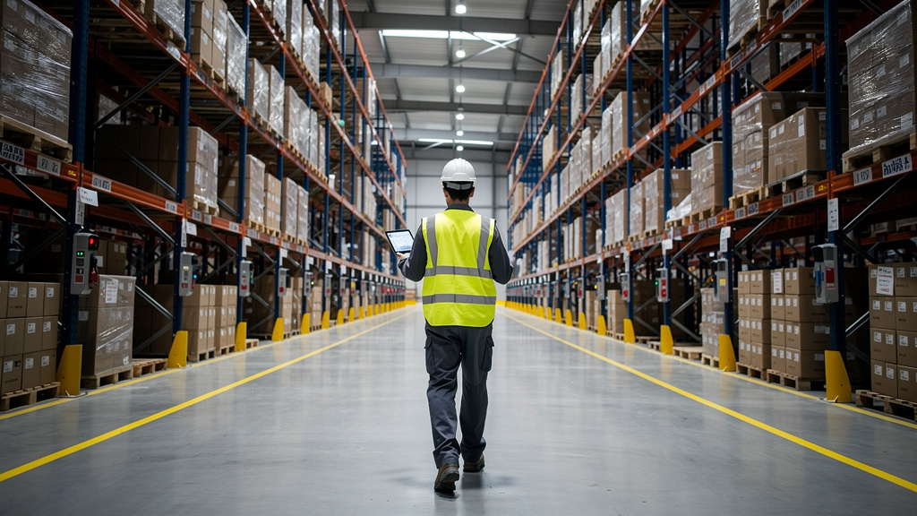 Warehouse worker using tablet for inventory management