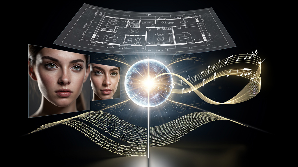 Multiple AI-generated content types radiating from center