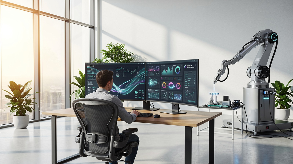 Modern office workspace with AI-assisted technology integration