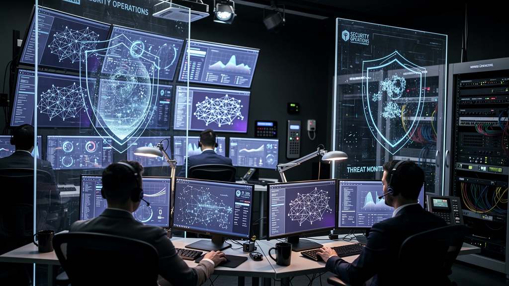 Cybersecurity operations center with network monitoring displays