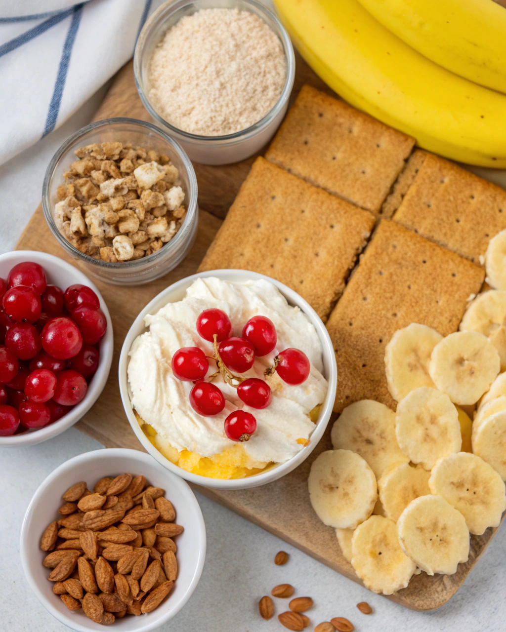 Fresh ingredients for Southern-Style Banana Split Cake including golden graham crackers, ripe bananas, bright red cherries, and cream cheese arranged on a marble surface