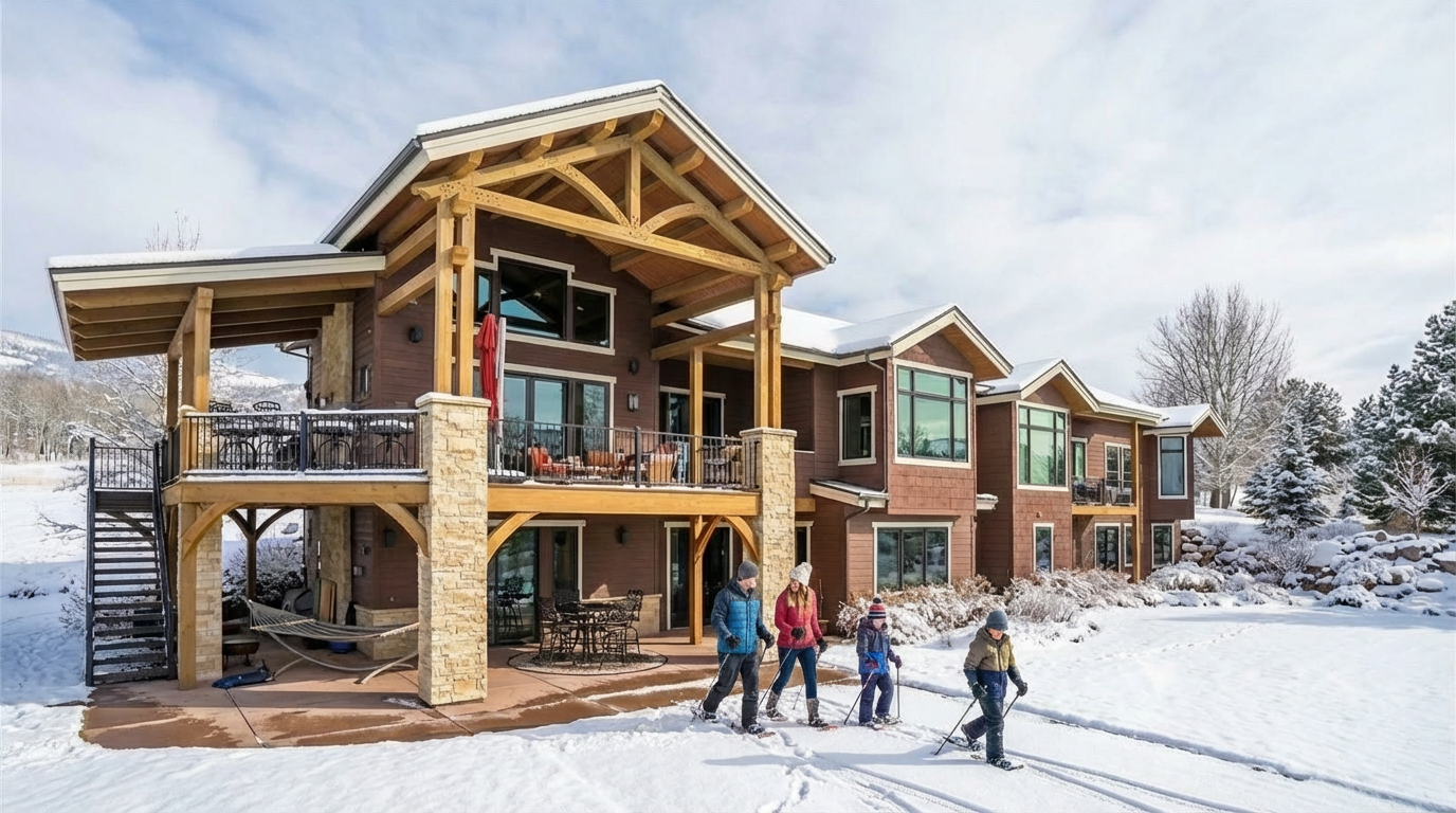This is a front exterior view of a large, multi-level home with a rustic yet modern design. The house features a combination of wood and stone elements, a spacious lawn, and a large deck area. The architecture includes exposed wooden beams and large windows, creating a bright and inviting atmosphere.