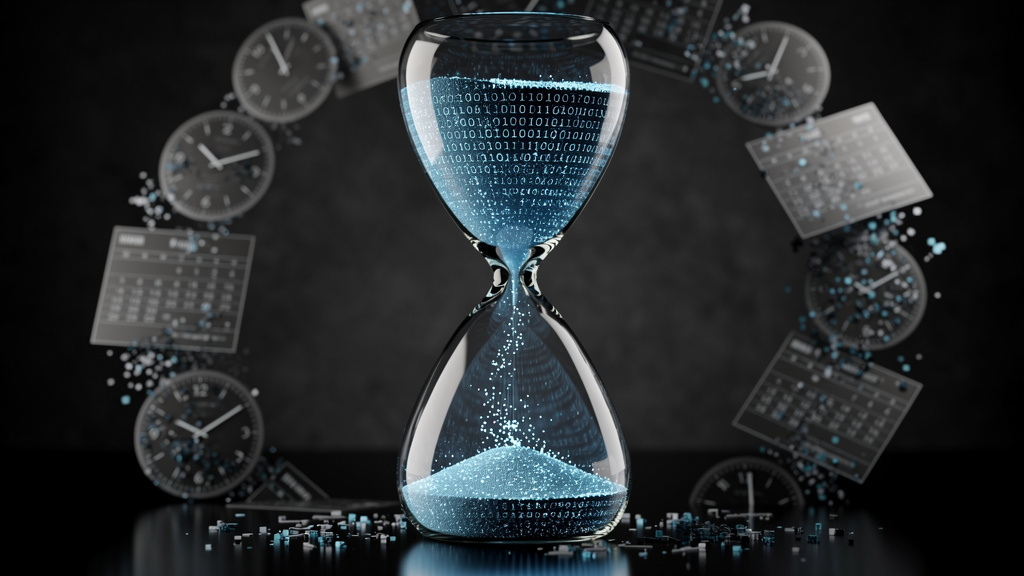 Hourglass with digital particles representing vulnerability lifecycle timeline