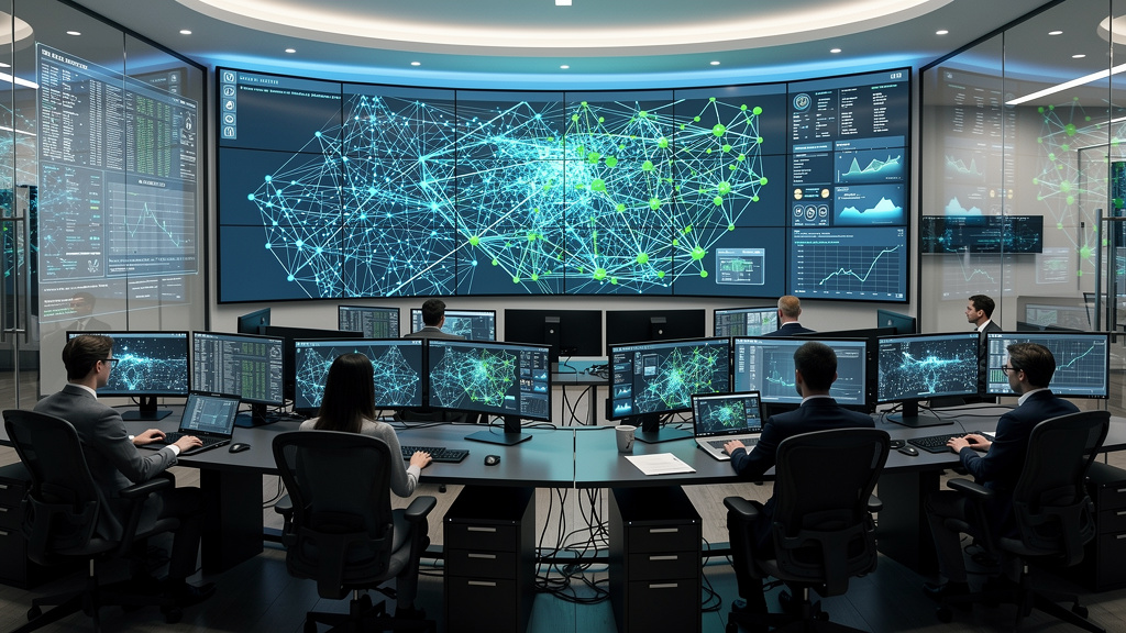 Cybersecurity team monitoring threats in modern operations center