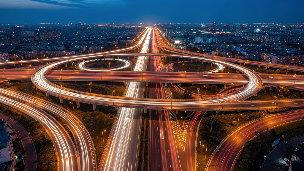 Highway interchange showing organized traffic flow patterns