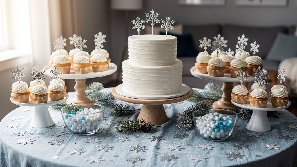 Beautifully styled winter birthday dessert table with treats