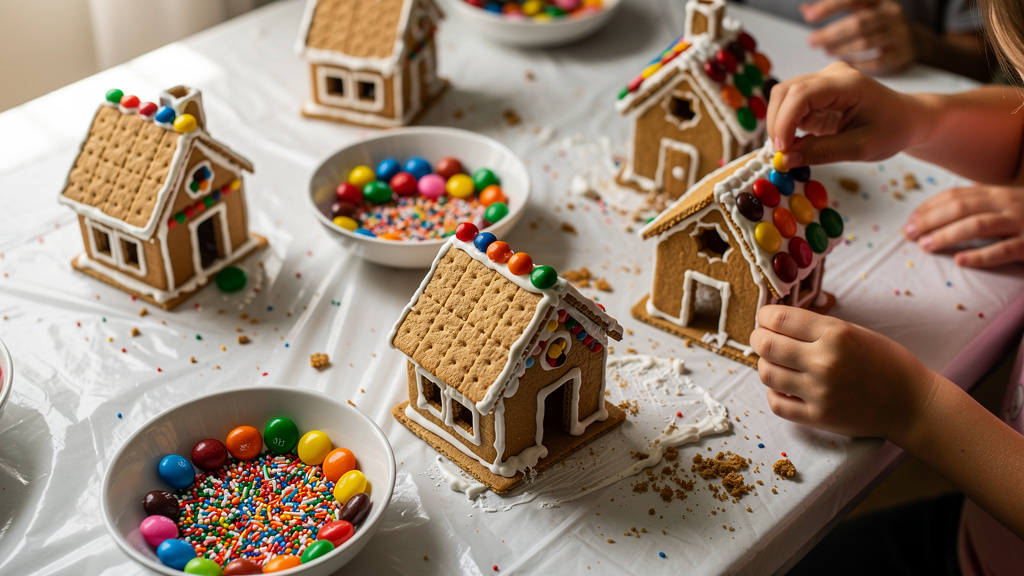 Children decorating gingerbread houses at birthday party