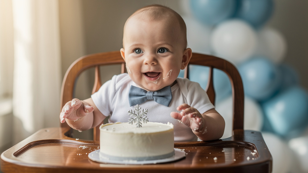 Baby celebrating first birthday with smash cake