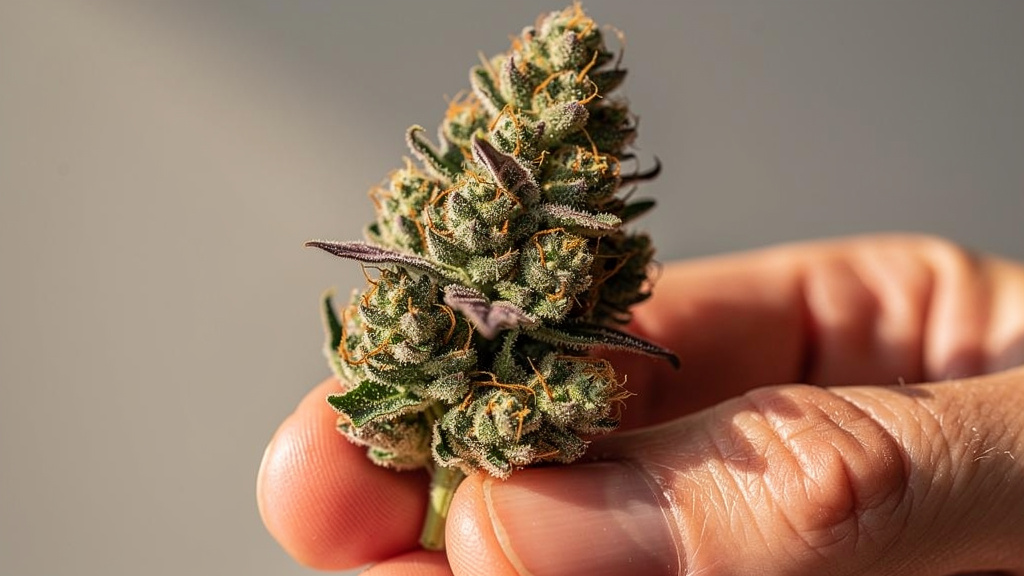 Hand examining premium quality CBD flower bud