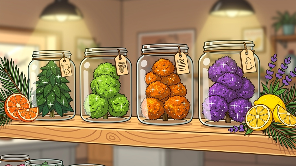 Various hemp bud strains in jars