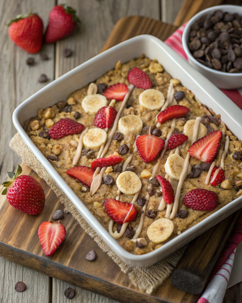 Fresh ingredients for strawberry banana baked oatmeal with chocolate chips arranged on marble surface including ripe bananas, fresh strawberries, rolled oats, and mini chocolate chips