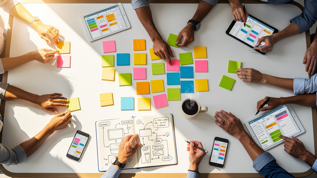 Team members collaborating on meeting agenda and planning