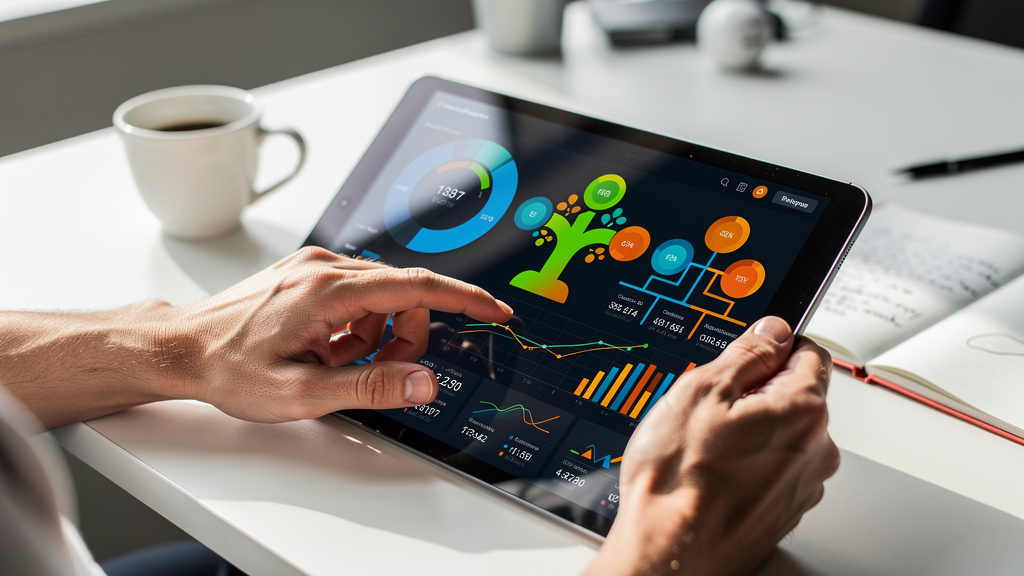 Hands using tablet showing real-time KPI tracking dashboard