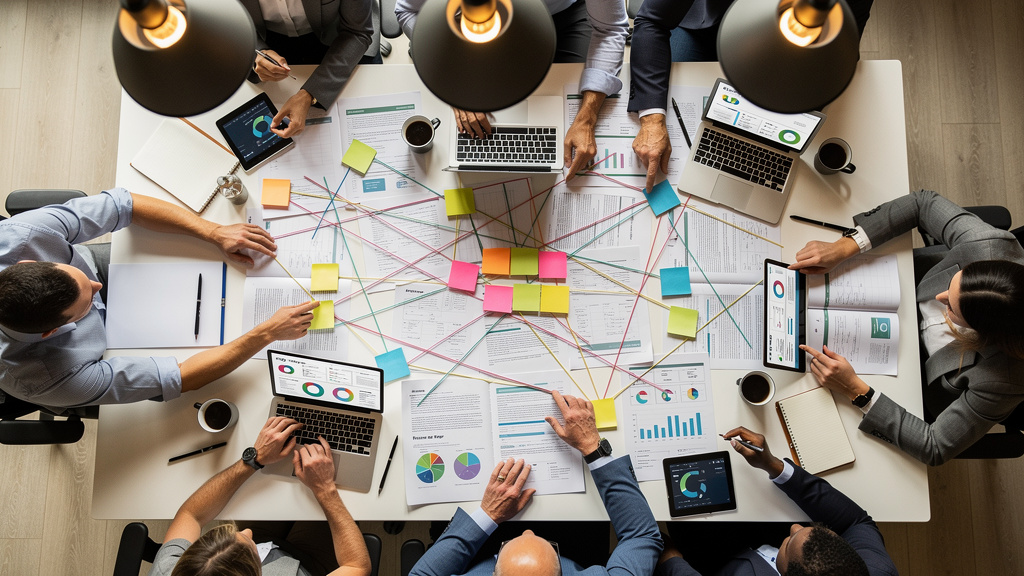 Diverse team collaborating on strategic alignment with visual tools