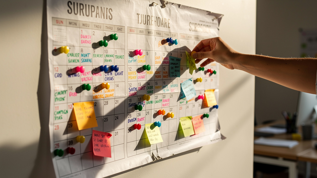 Physical marketing calendar with campaign milestones and deadlines