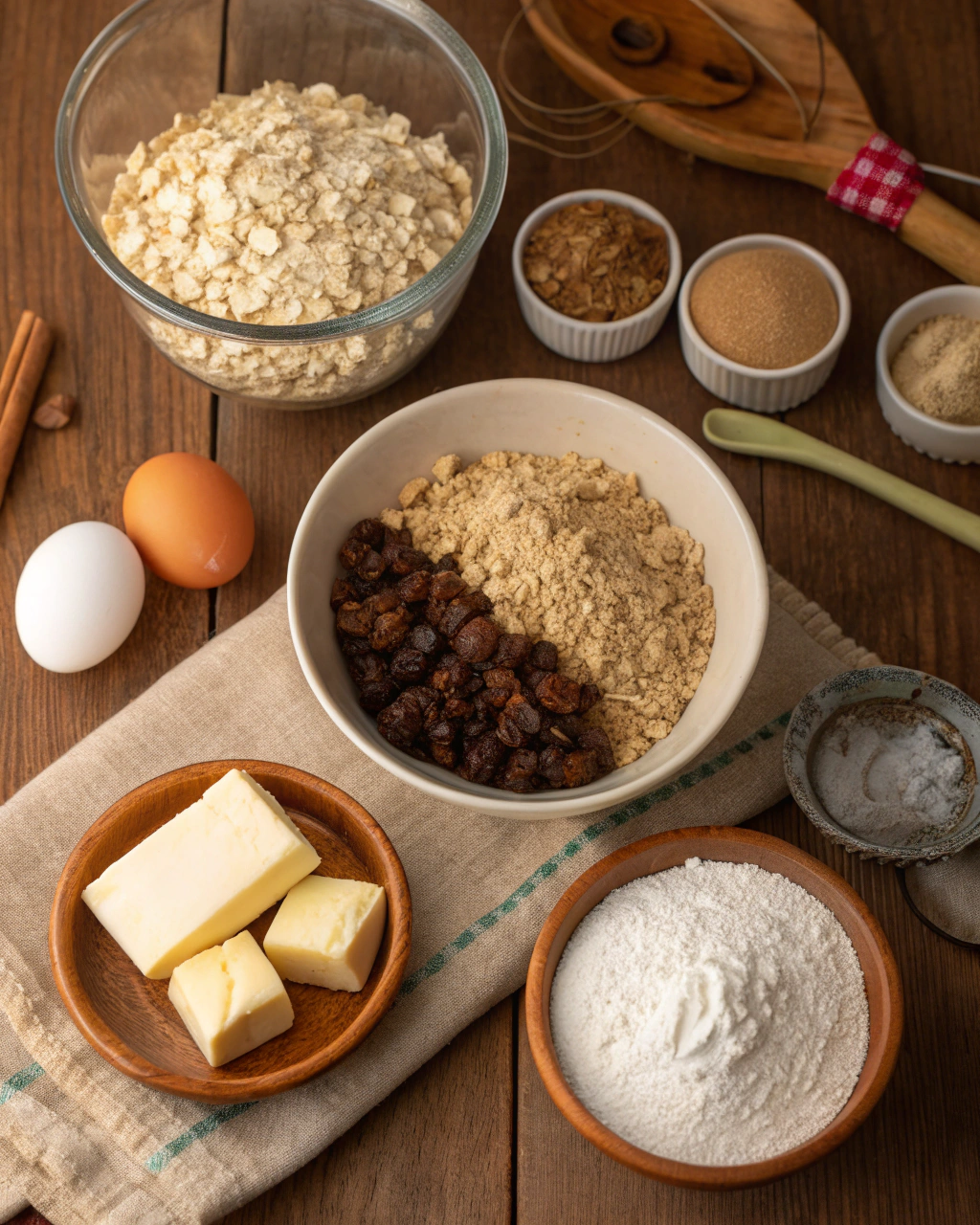 Fresh ingredients for oatmeal raisin cookies including butter, sugars, eggs, flour, oats and raisins arranged on a marble countertop