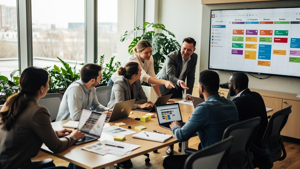 Business team collaborating on project management workflow