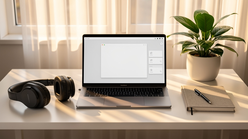 Calm focused workspace with browser and headphones