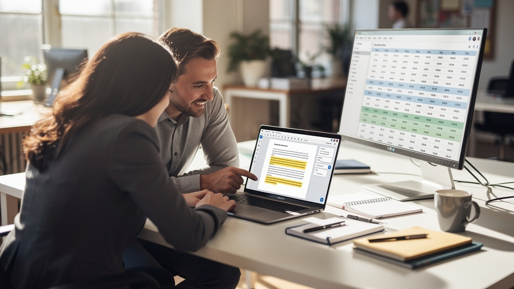 Business professionals collaborating with AI-powered browser tools