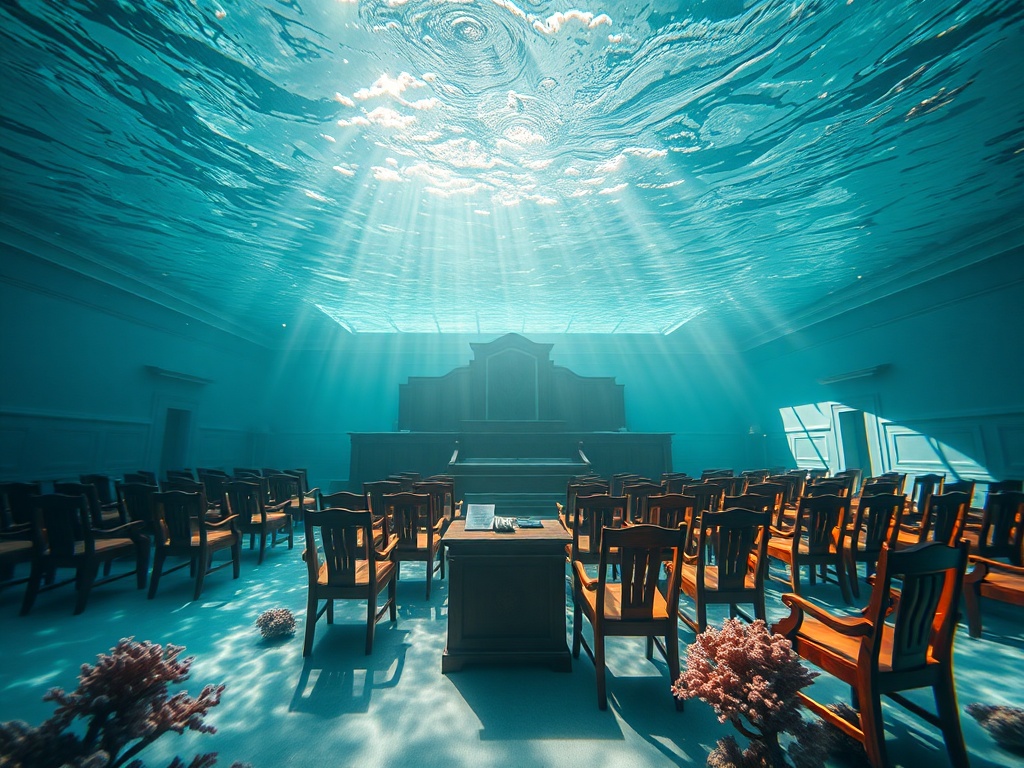 An underwater parliament session while coral grows on enforcement papers