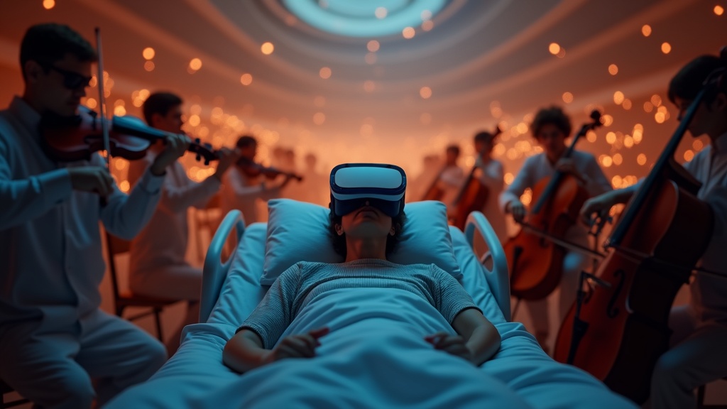 Paciente utilizando las gafas de la Orquesta Virtual del Hospital Valdecilla