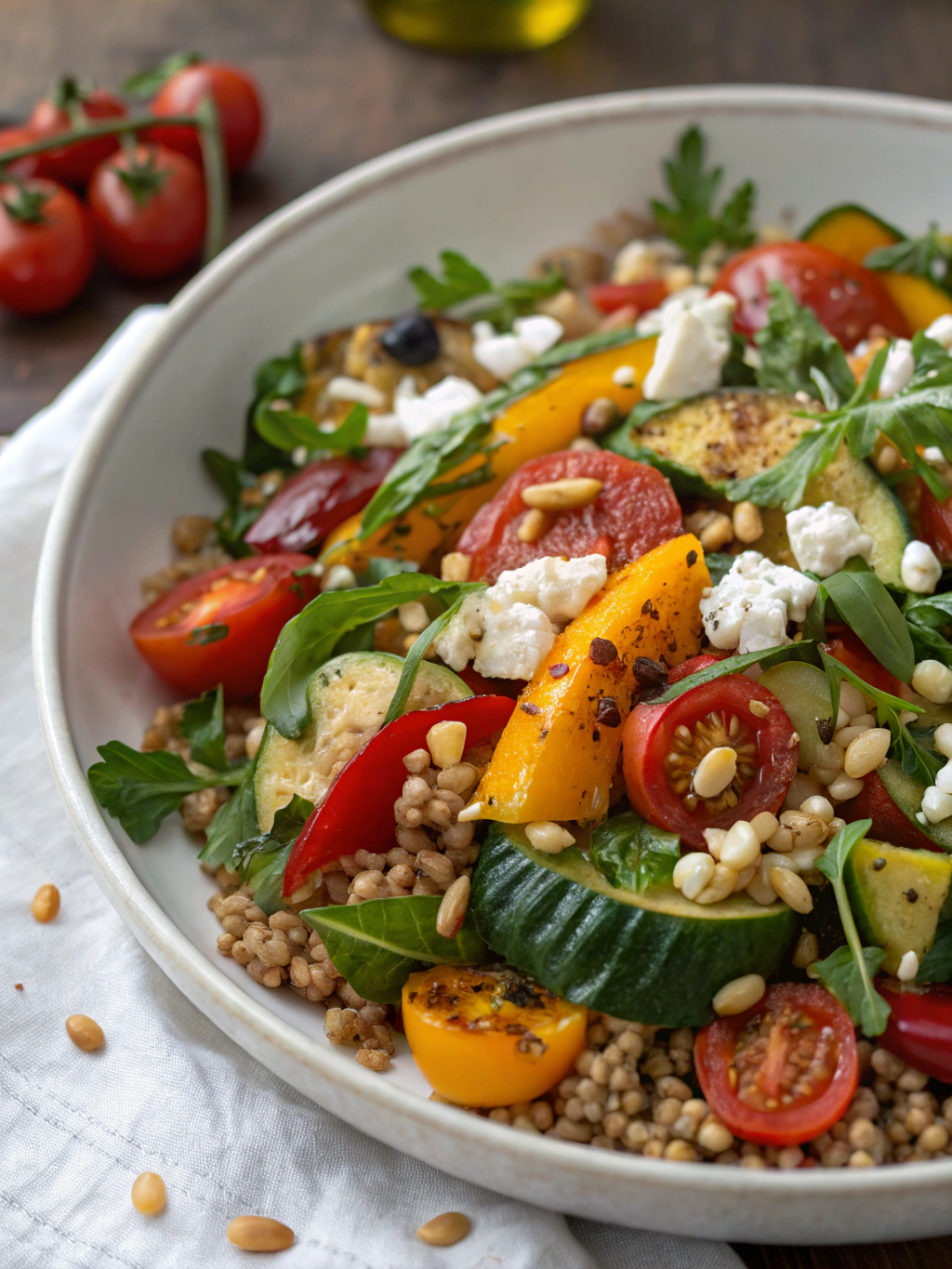Farro Roasted Veggies Goat Cheese Salad on a plate