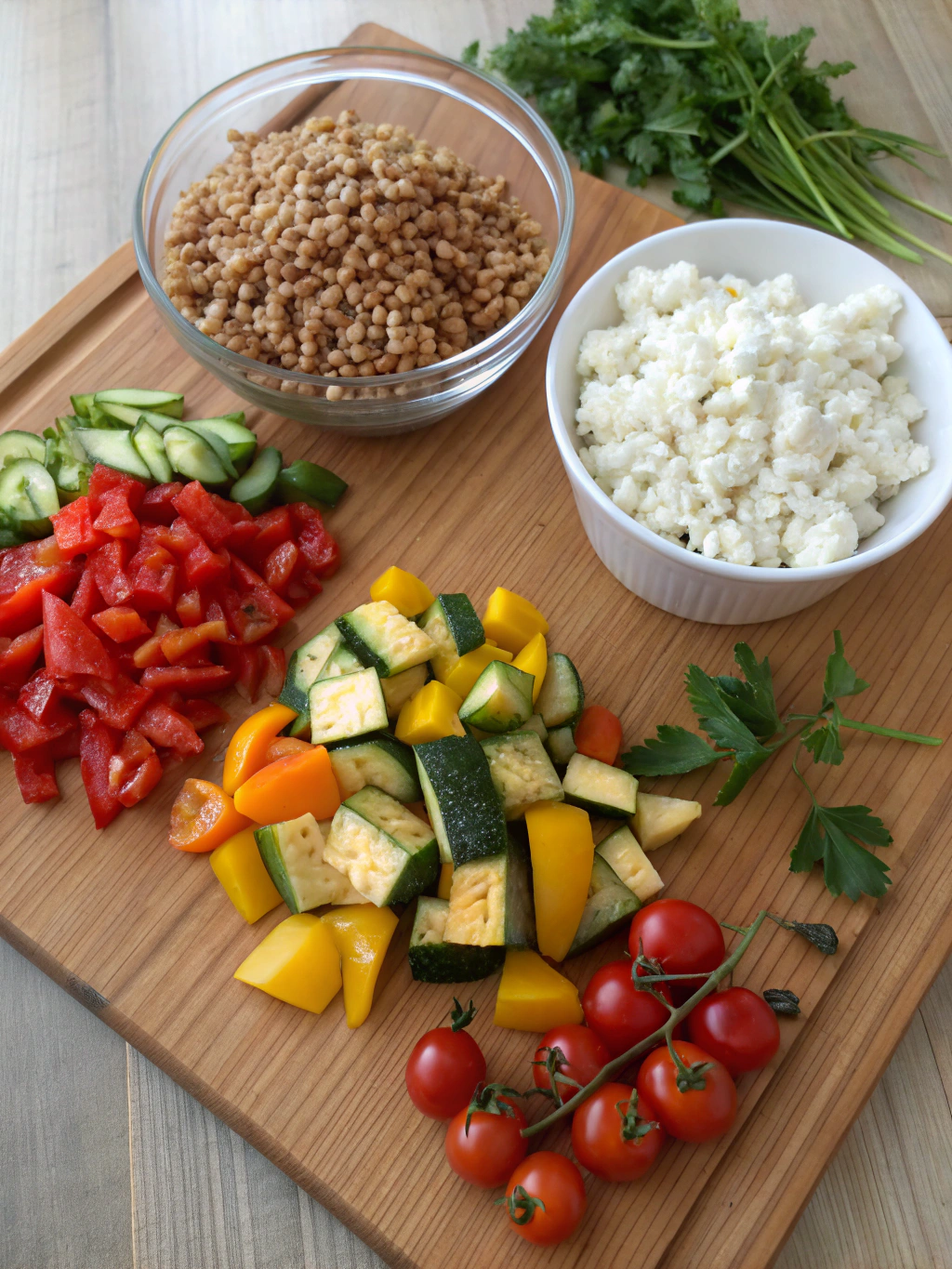Ingredients for farro roasted veggies goat cheese salad