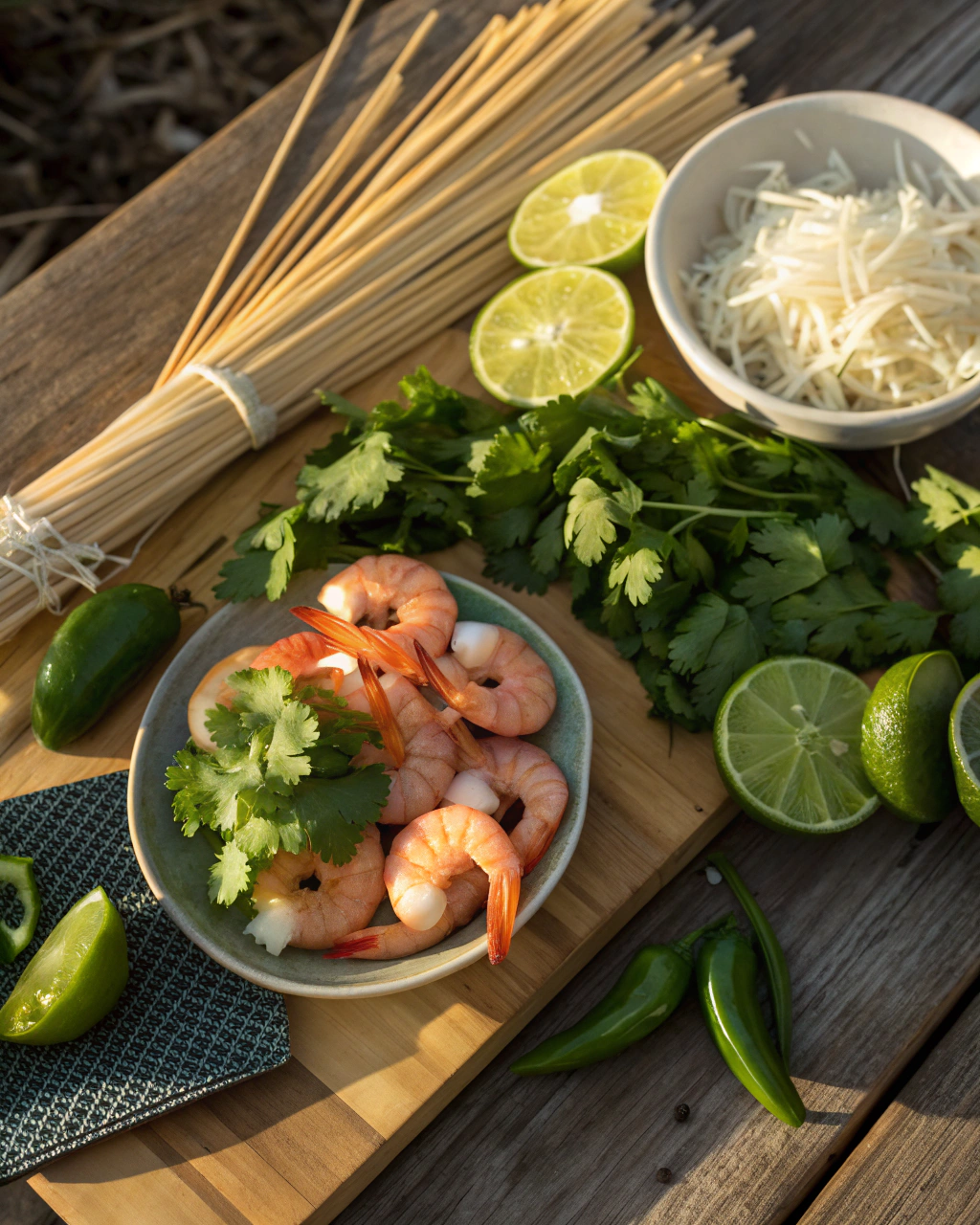 Fresh ingredients for spicy coconut and lime grilled shrimp arranged on a marble surface with vibrant lime zest, shredded coconut, and fresh cilantro