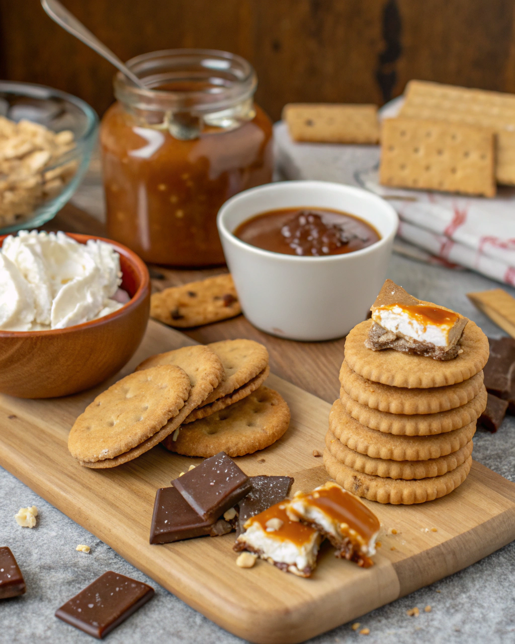 Ingredients for No-Bake Twix Cheesecake laid out on kitchen counter including cream cheese, Twix bars, digestive biscuits, butter, sugar, and cream
