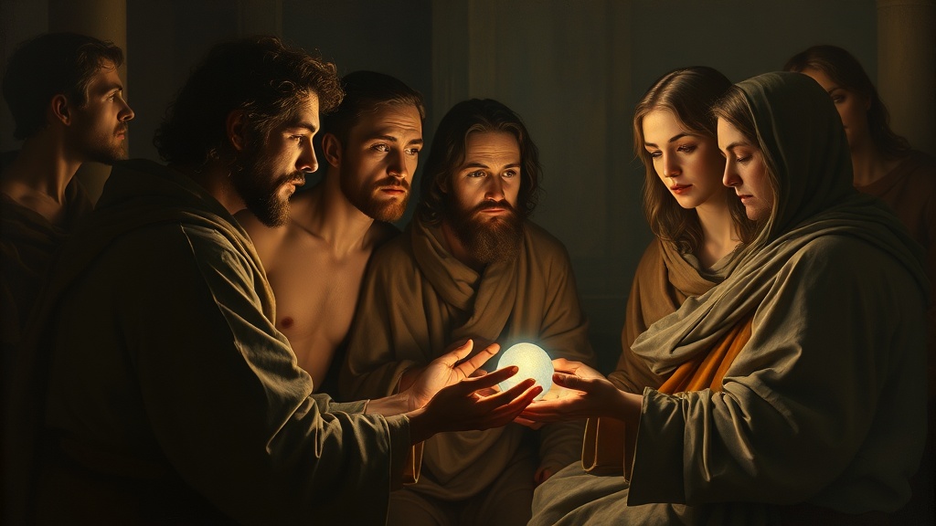 르네상스 풍의 종교적 장면과 보석을 든 인물