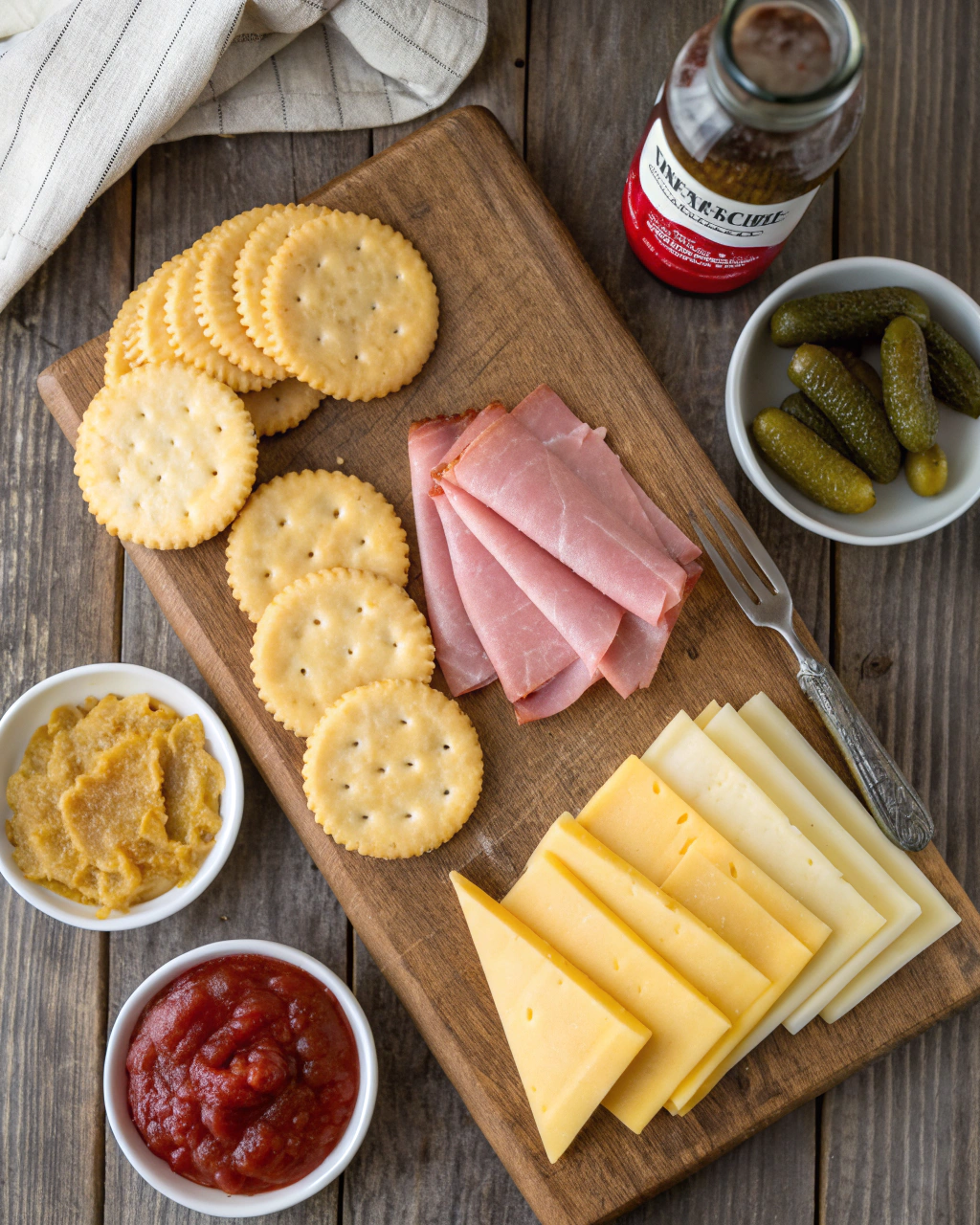 Fresh ingredients for Ritz Cracker Party Sandwiches including buttery crackers, Swiss cheese, Black Forest ham, and red pepper jelly arranged on a marble countertop