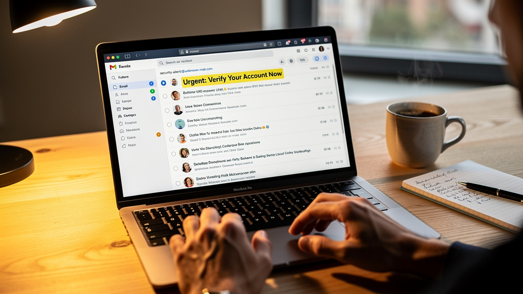 Employee carefully reviewing suspicious email at desk