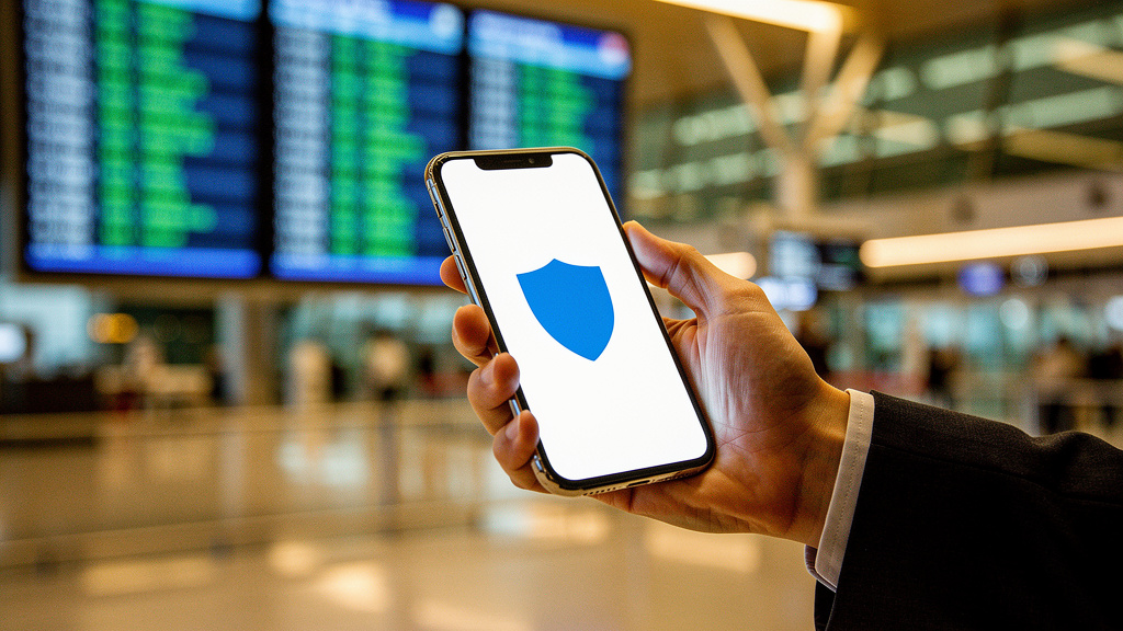 Business professional using iPhone security app while traveling