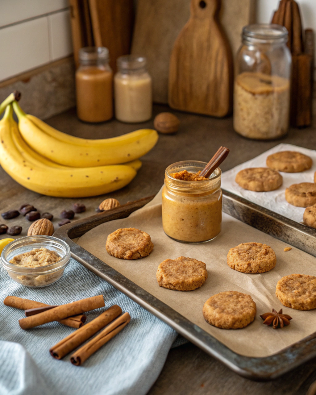 Fresh ingredients for cleanest easiest yummiest peanut butter cookies including mashed banana, natural peanut butter, almond butter, and warm spices arranged on a clean kitchen counter