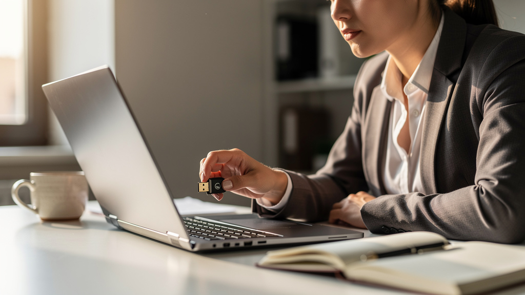 Business professional authenticating with hardware security key login